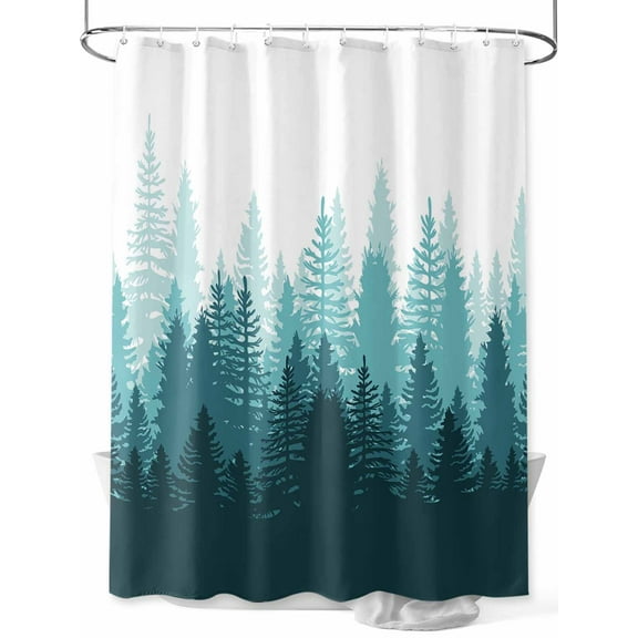 Teal Forest Shower Curtain, Nature Woodland Tree Misty Forest Silhouette Landscape Waterproof Shower Curtain Set with 12 Hooks Lightweight Washable Fabric Shower Curtains for Bathroom 36x72 Inches
