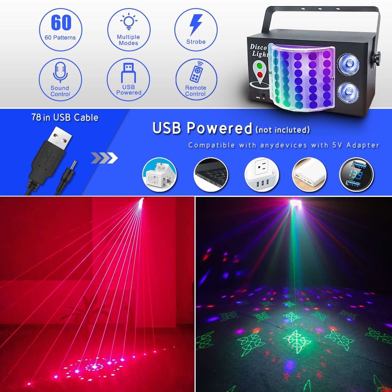 3-in-1 Disco Party Light, Sound Activated DJ Lights, Remote Control LED Strobe for Stage, Indoor/Outdoor Use