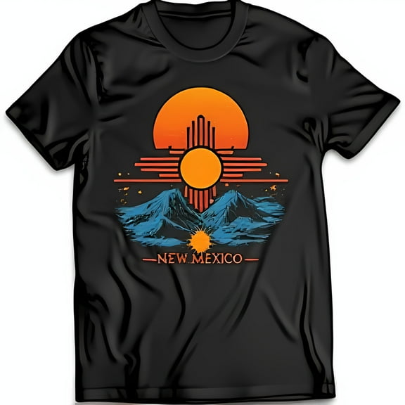 Southwestern Black T-Shirt with Vibrant Zia Sun Graphic & Mountain Design