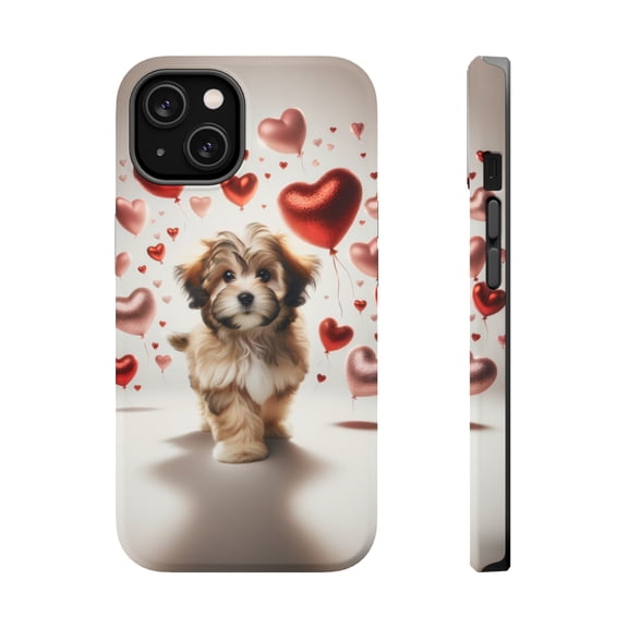 DistinctInk Tough Case for Apple iPhone 14 (6.1" Screen), Compatible with MagSafe Charging - Valentine's Day Löwchen Puppy