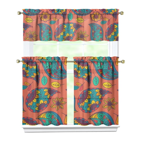 Classic Vintage Kitchen Window Curtains Set of 3, Colorful Boho Tier & Valance, Abstract Ethnic Pattern Semi-Sheer Rod Pocket Panels, 54x18 & 27.5x36 Inch
