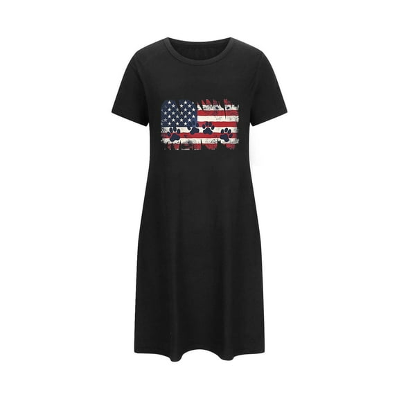 WREESH Comfort Nightwear Women's Short T-Shirt Dress 4th of July Theme Short Sleeves T-Shirt Dresses Black