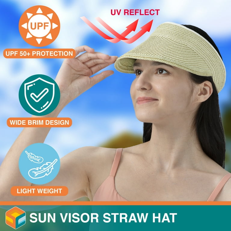 Sun Cube Womens Straw Visor Hat, Wide Brim Straw Sun Hat Visor, Beach Cap Foldable Roll Up Travel Ponytail Golf Hats (Khaki)