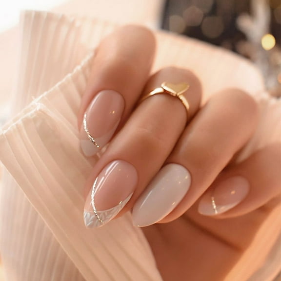 24pcs French Tip Press On Nails Almond Shape False Nails With Elegant Glitters Stripe Pattern Nails Decoration
