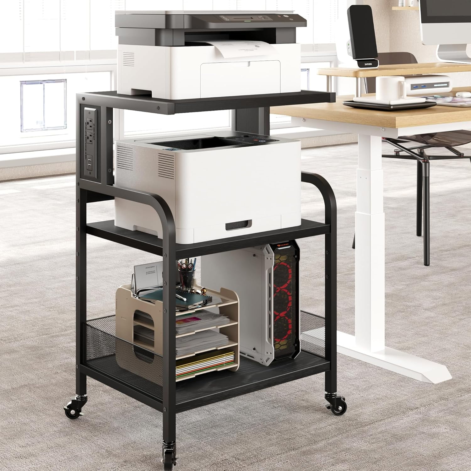 31.4''H Printer Stand with Power Outlets and USB Ports 3 Tier Printer Table w/Wheels Printer Storage Cart Rolling Printer Cart with Storage Shelf for Printer Scanner, Fax, Home Office