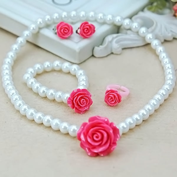Flowers Shape Pearls Kids Girls Child Necklace Bracelet Ring Ear Clips Set 