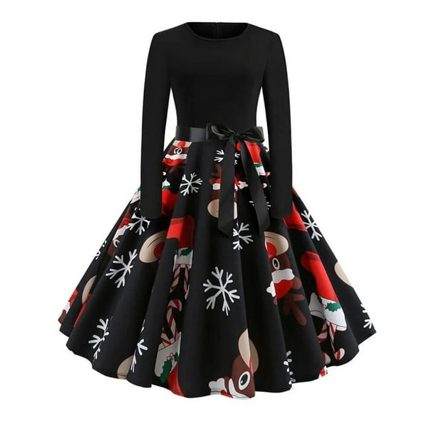 Vestido de Navidad de manga larga para mujer, bata Vintage, Swing Pinup, elegante, estampado informal, negro, invierno, 50S, 60S