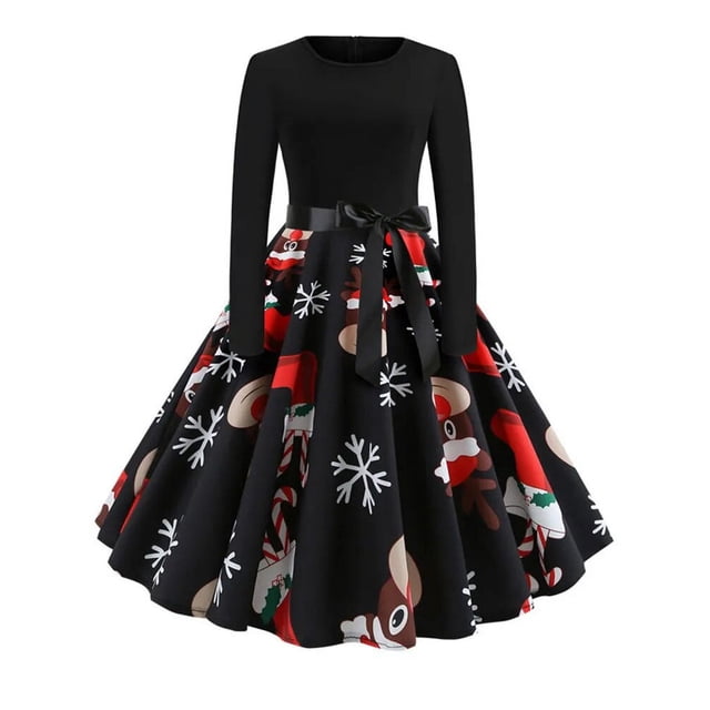 Vestido de Navidad de manga larga para mujer, bata Vintage, Swing Pinup, elegante, estampado informal, negro, invierno, 50S, 60S