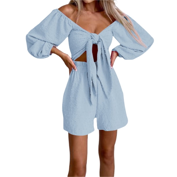 Sunloudy Traje casual para mujer, blusas cortas de manga larga con hombros descubiertos de color sólido + pantalones cortos sueltos con volantes Sunloudy moda