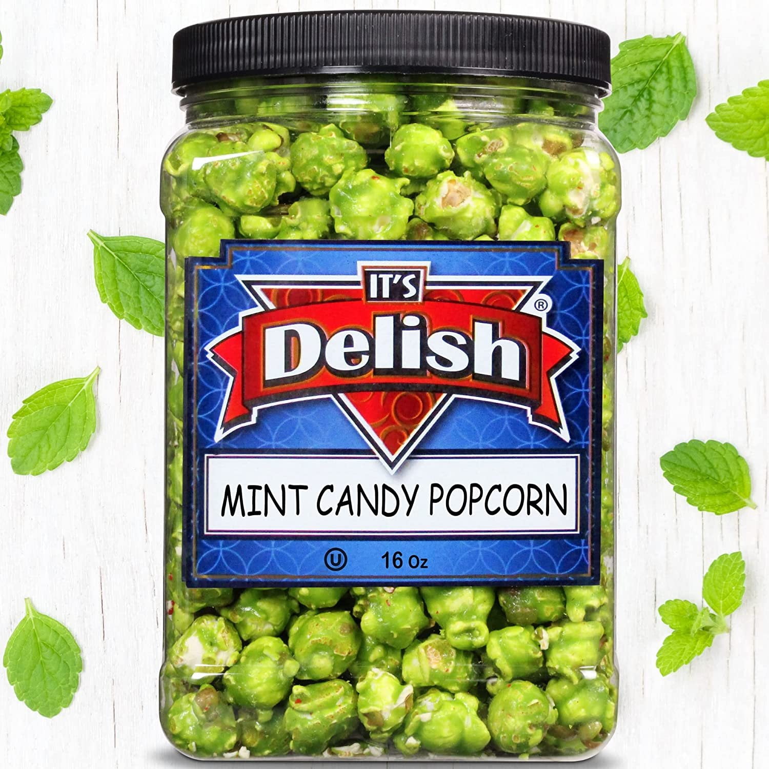 Green Mint Candy Popcorn by Its Delish, 16 Oz Jumbo Reusable Container, Festive Air Popped Sweet Crunchy Caramelized Popcorn - Refreshing Snack for Desserts, Parties, Candy Buffet  Vegan, Kosher