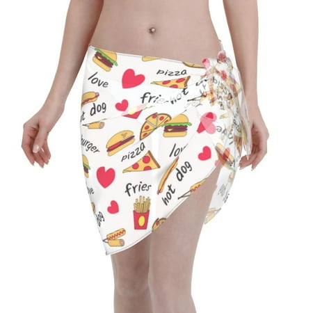 Adobk Women Beach Sarong Bathing Suit Fast Food Print Wrap Skirt Sheer Bikini Swimsuit Cover Ups For Swimwear