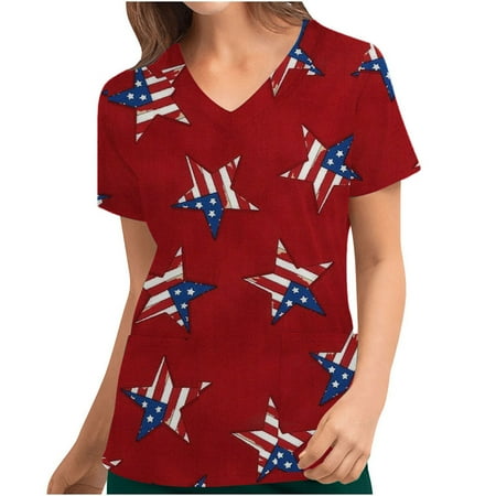

Up to 30% off Clearance! Zanvin Women Scrub Tops Womens Summer Tops Independence Day V-Neck Casual Short Sleeve Printed Pockets Tops Blouse Uniform Red XL