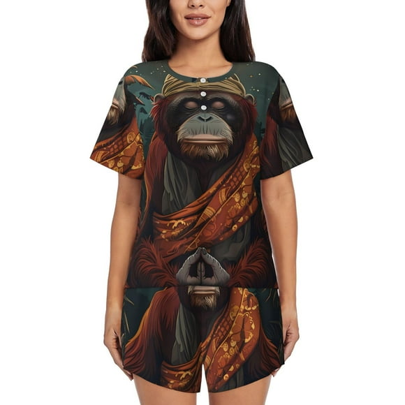 Fotbe Banana Leaf Meditating Gorilla Print Pajama Set for Women 2 Piece Loungewear Short Sleeve Tops and Shorts Set Soft Sleepwear-XX-Large