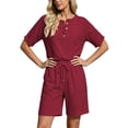 thumbnail image 6 of Gamivast 2 Piece Summer Outfits for Women Casual Linen Textured Short Sleeve Henley Shirt and Drawstring Shorts Set Loose Fit Lounge Tracksuit Vacation Streetwear Red S, 6 of 7