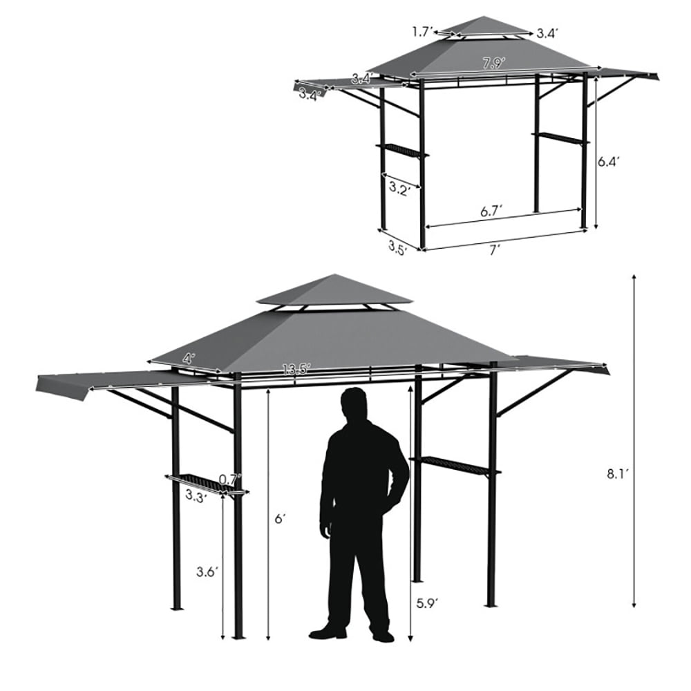 Aimee Lii 13.5 x 4 Feet Patio BBQ Grill Gazebo Canopy with Dual Side Awnings, Backyard Canopy Gazebo, Gray