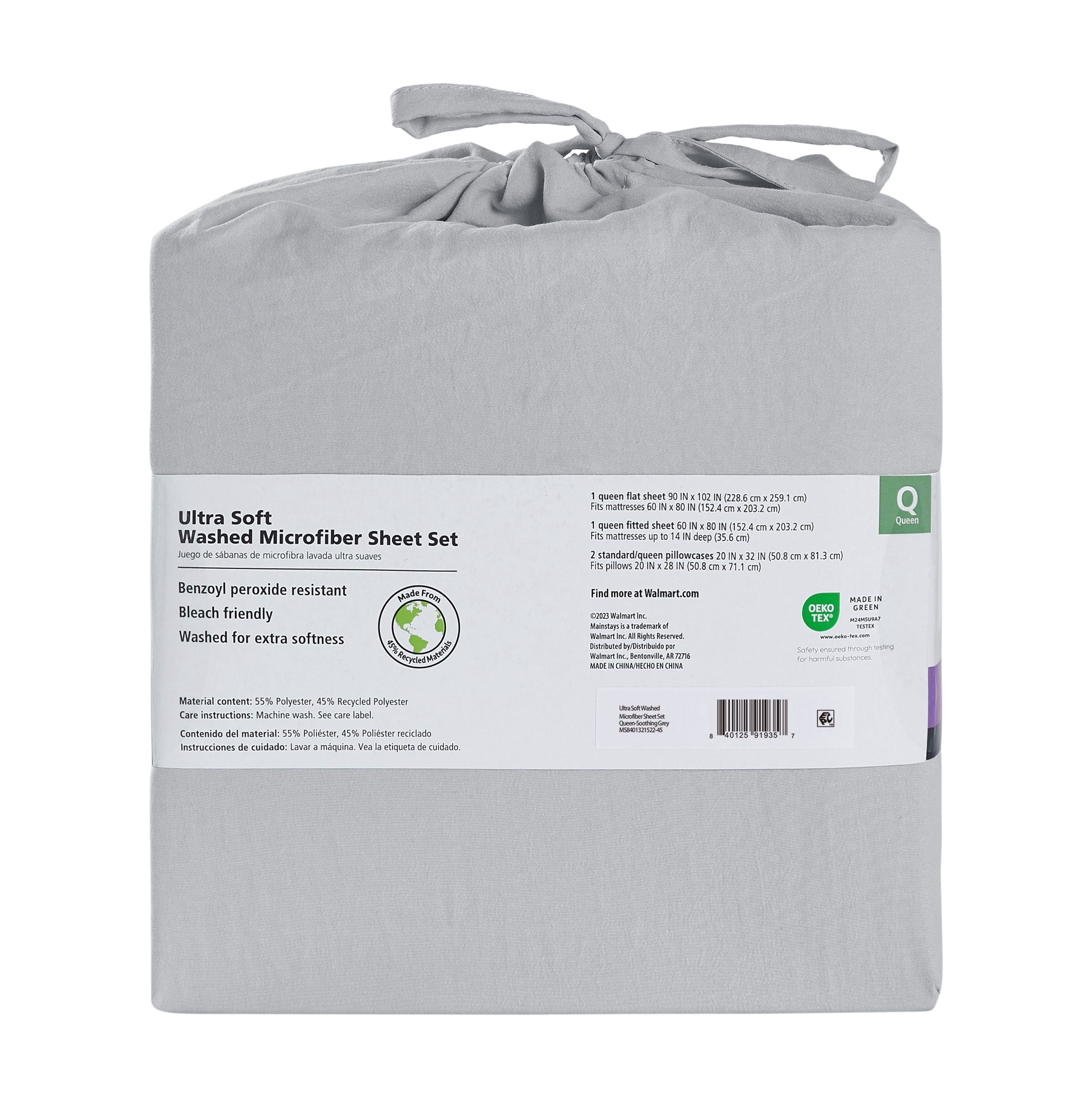 Mainstays Washed Ultra Soft Microfiber Bed Sheet Set, Queen, Soft Silver, 4 Piece