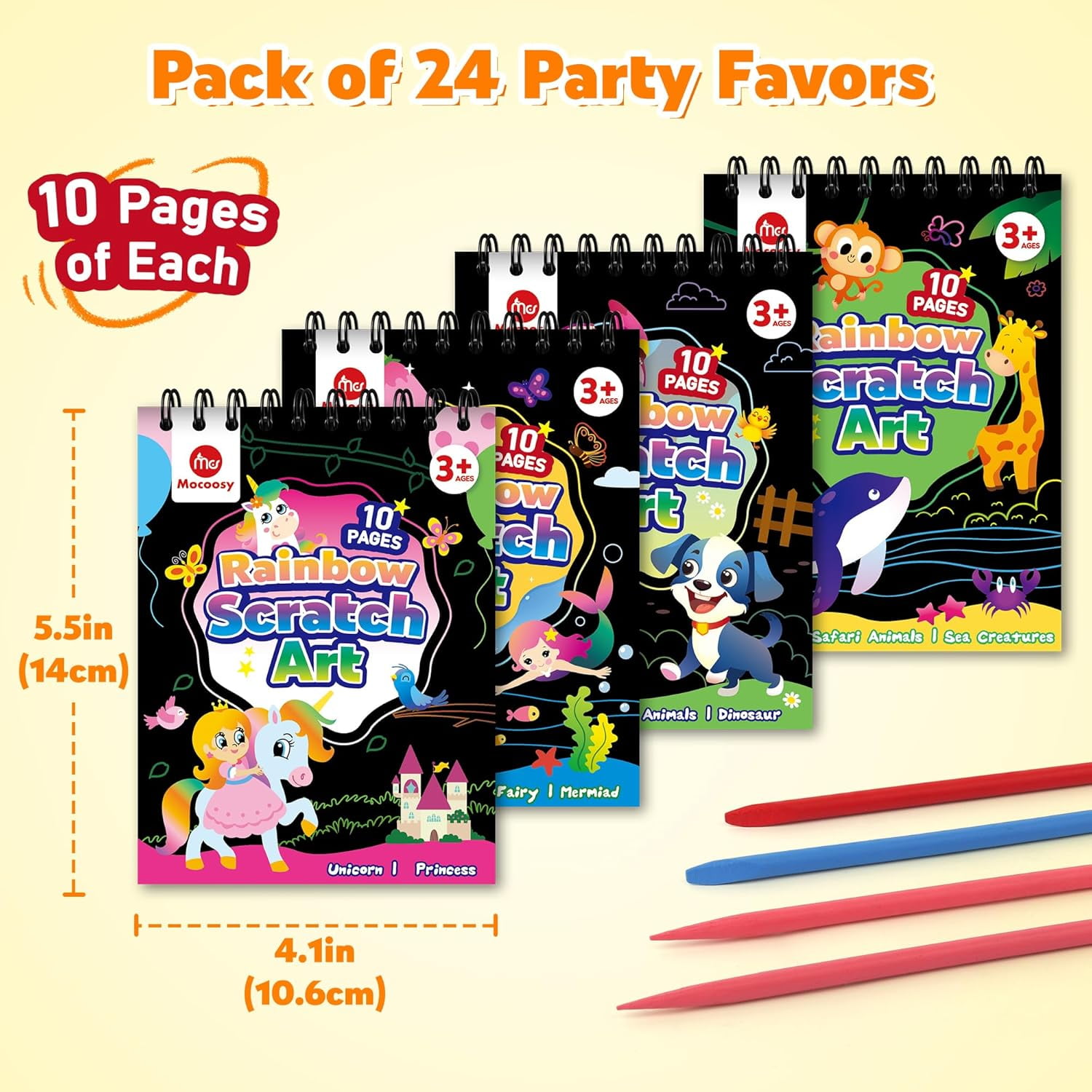 Mocoosy 24 Pack Scratch Art Party Favors for Kids 4-8, Rainbow Scratch Arts Bulk with 10 Designs, Birthday Goodie Bag Stuffers, Classroom Prizes, Art Craft Supplies for Boys Girls Ages 3-5 8-12