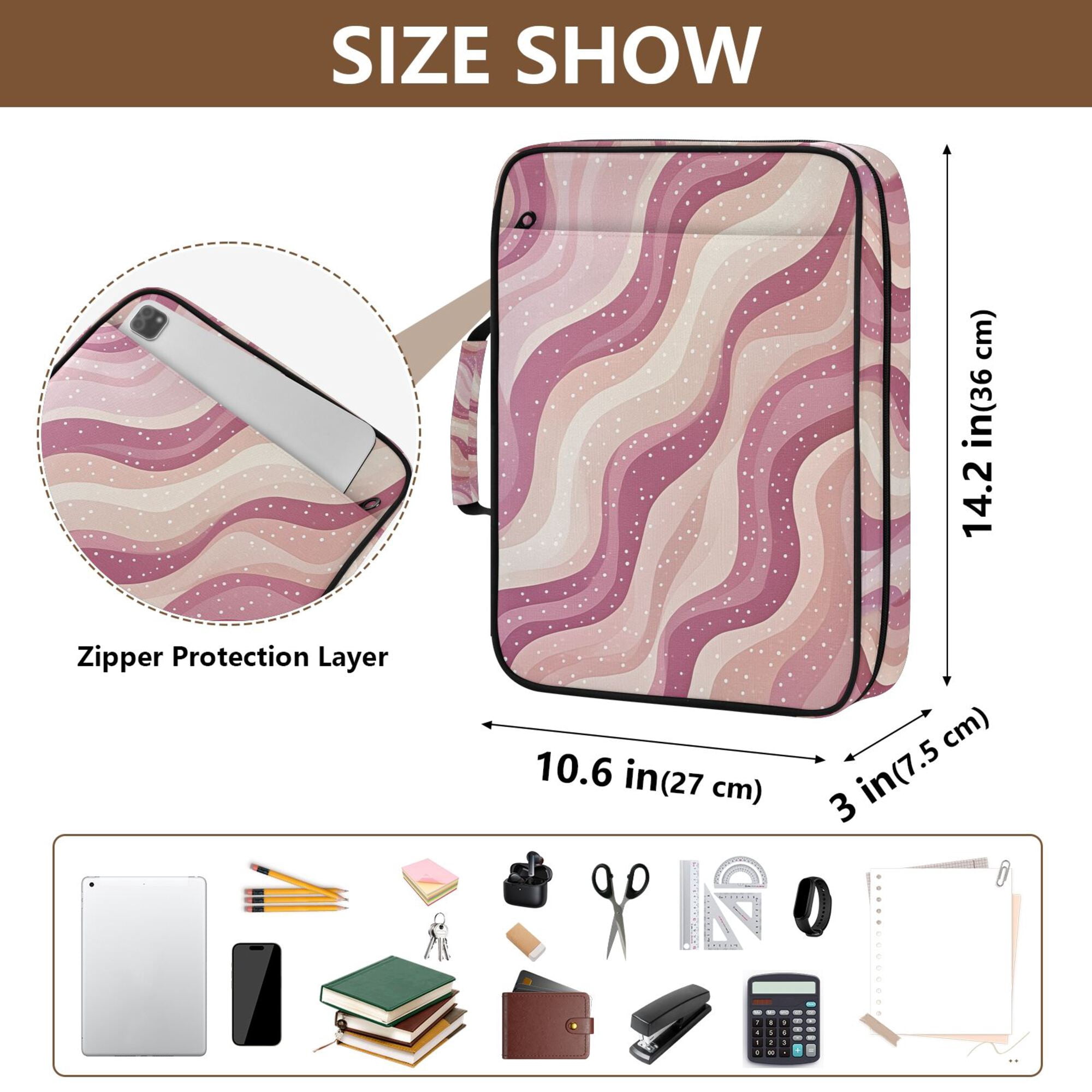 FORMRS Accordion File Folder A4 Size 7-Pocket Expanding Document Organizer Bag with 3 Ring Binder, Pink Brown Pattern