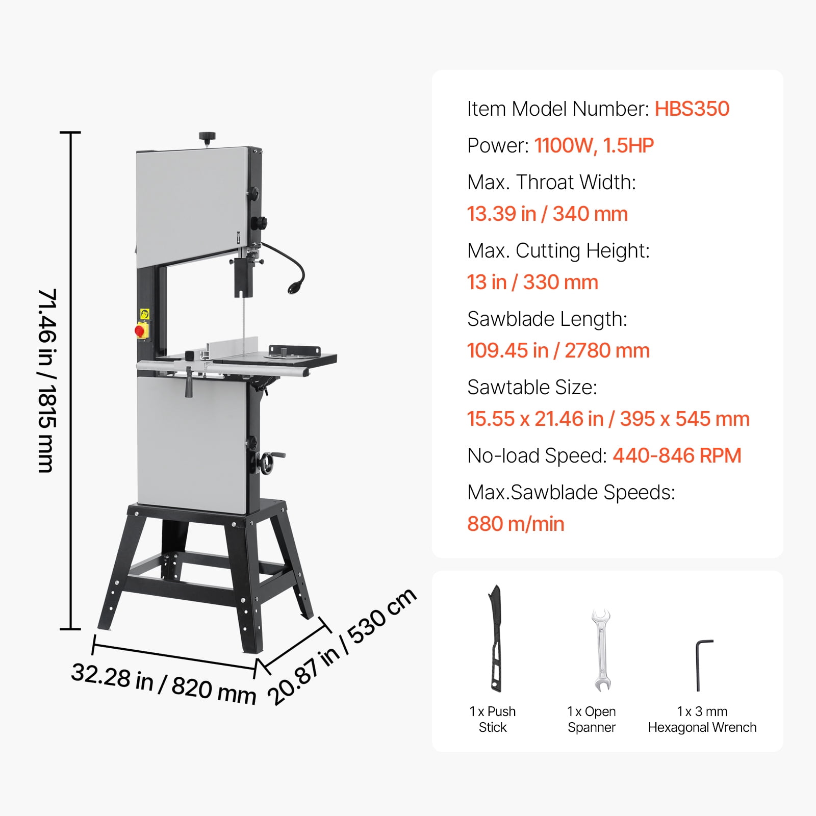 KFFKFF 13.39-Inch Band Saw with Stand, Adjustable Speed 440-846 RPM, 1100W 1-1/2HP Motor, 110V, Integrated Work Light, and Miter Gauge for Cutting Wood, Metal, Aluminum, and Copper