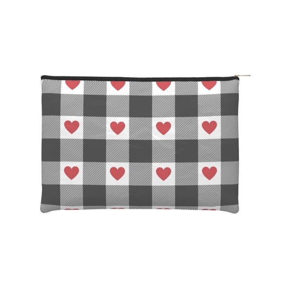 Kdxio Heart Black Buffalo Plaid Gingham Makeup Bag Toiletry Bag Canvas Makeup Bags Zipper Cosmetic Pouch Travel Cosmetic Pouch for Women Gifts