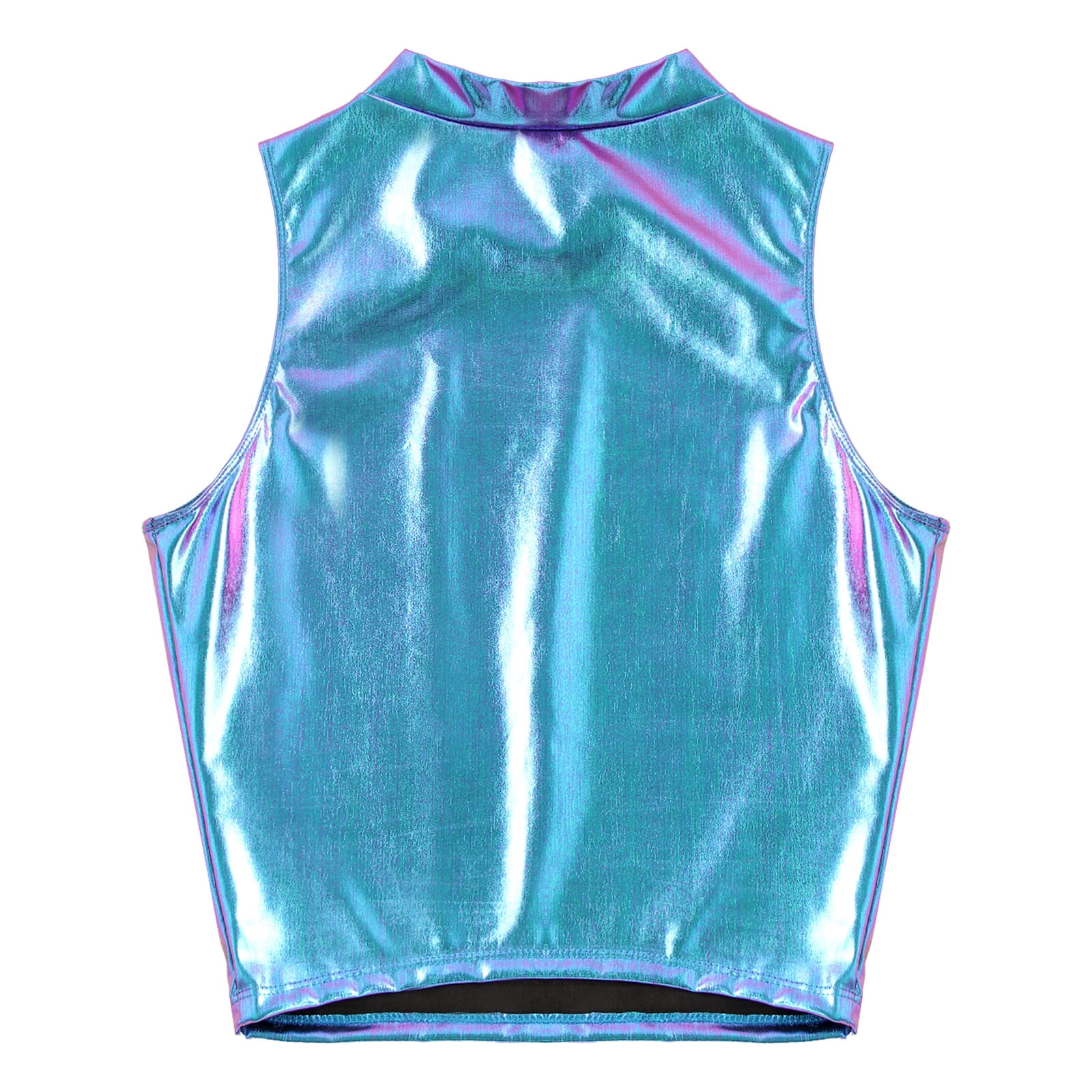 XUNZOO Women's Metallic Shiny Crop Top - Long Sleeve High Neck Rave Festival Clubwear - View #4