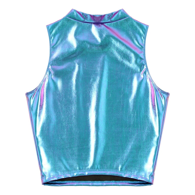 YONGHS Women's Shiny Metallic Crop Tank Top Turtleneck