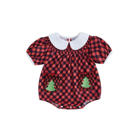 

REDWOON Baby Girl Christmas Bodysuit Short Sleeve Doll Collar Plaid Romper