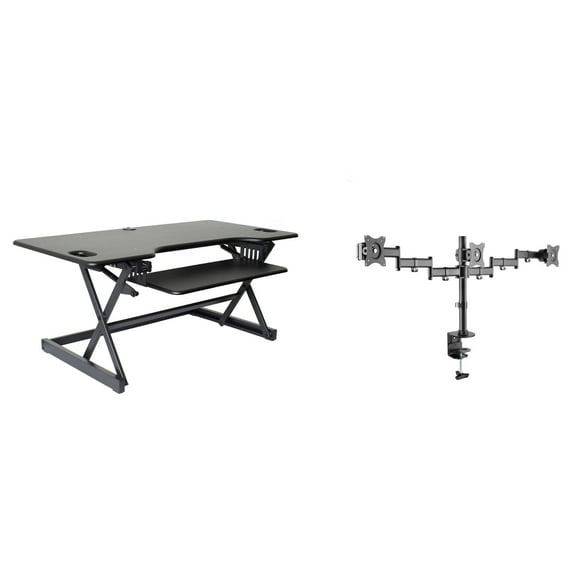 Rocelco 46" Large Height Adjustable Standing Desk Converter with Triple Monitor Mount BUNDLE - Quick Sit Stand Up Computer Workstation Riser - Retractable Keyboard Tray - Black (R DAD