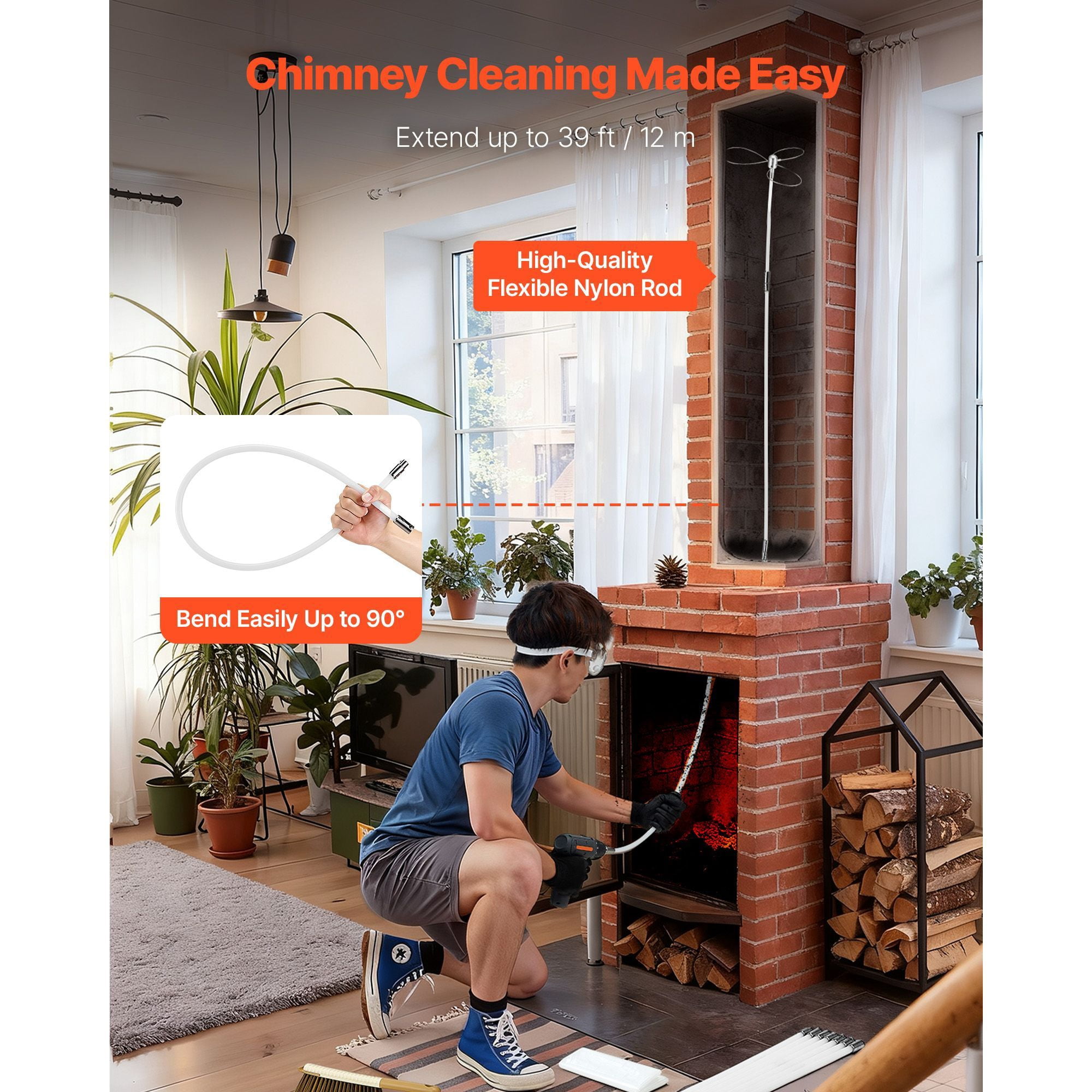 39ft Chimney Sweep Kit with Dual Brush Heads, 90° Bendable Rod, Bristle Replacements, for Square Rectangle Chimneys