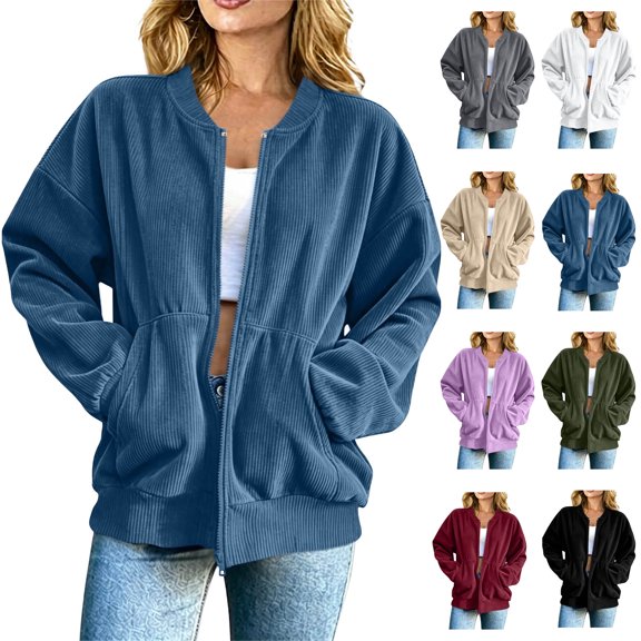Womens Fashion Outerwear Oversized Corduroy Shacket Long Sleeve Lapel Button Crop Jacket with Pockets M
