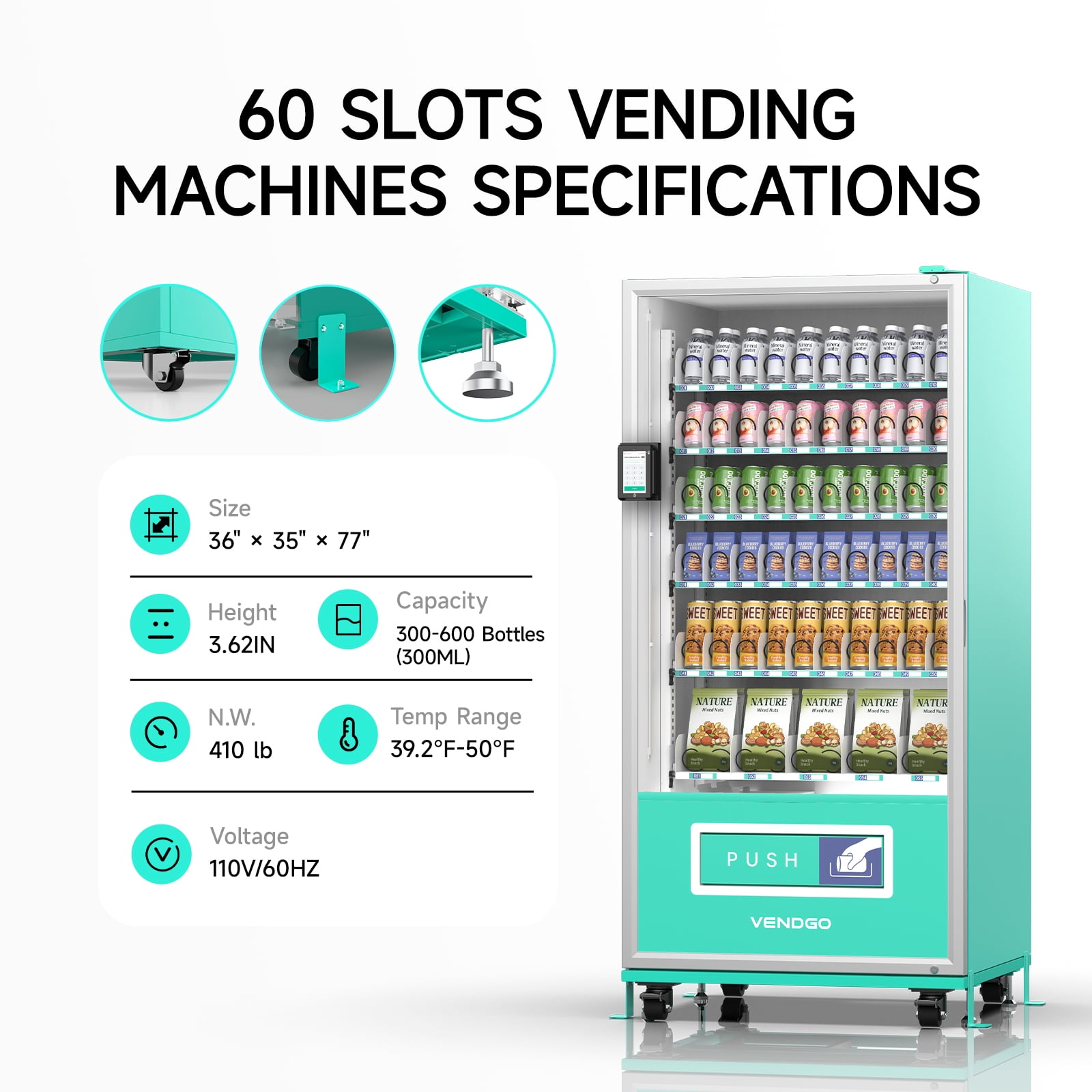 Large 60 Slots Snack Drink Commercial Vending Machine with Card Reader, NFC Cashless Payment Drink Vending Machine for Malls, Offices, Wide Variety Snack Beverage Sales