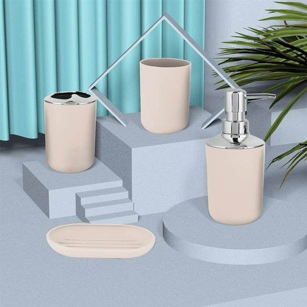Juego de accesorios de baño de cuatro piezas caqui con dispensador de jabón, cepillo de dientes, vaso y jabonera, juego de plástico dental T-216-4