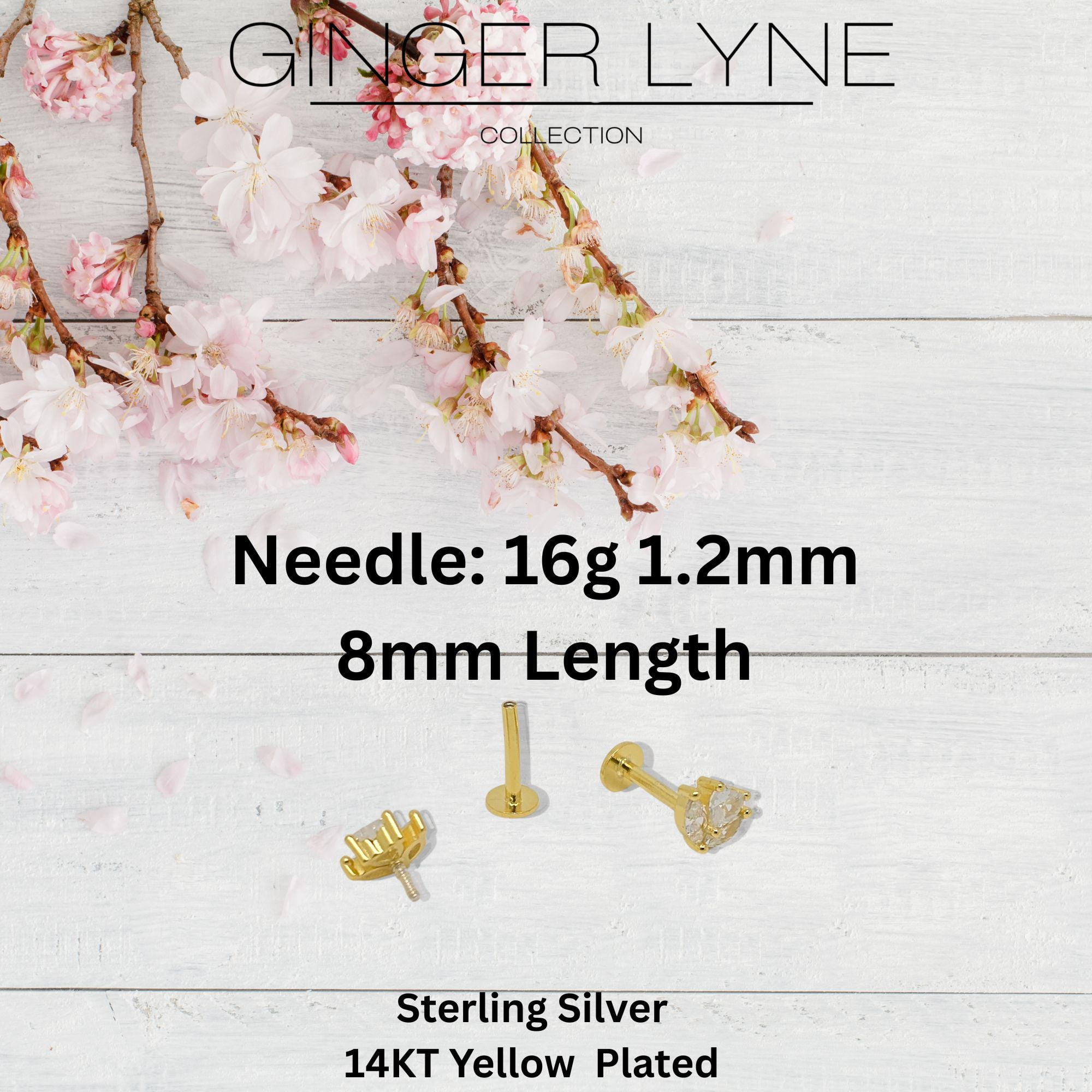 Flower CZ Flat Back Earrings for Cartilage Helix Tragus Lobe 16g Gold Plated Sterling Silver 1 pair by Ginger Lyne