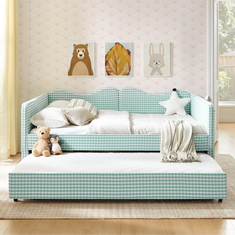 Full Size Gingham Daybed with Trundle, Upholstered Day Bed Frame with Side Storage Pocket & Wave-Shaped Backrest, Modern Sofa Bed for Living Room, Bedroom, No Box Spring Needed