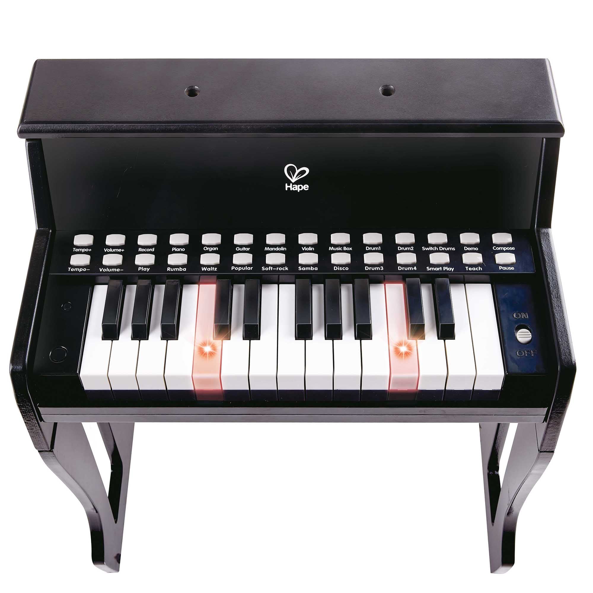 Hape: Learn With Lights Piano w/ Stool - Black - Wooden Electric Musical Toy, 25 Light-Up Keys, Demo Tunes, Record & Playback, Instrument, Kids Age 3+