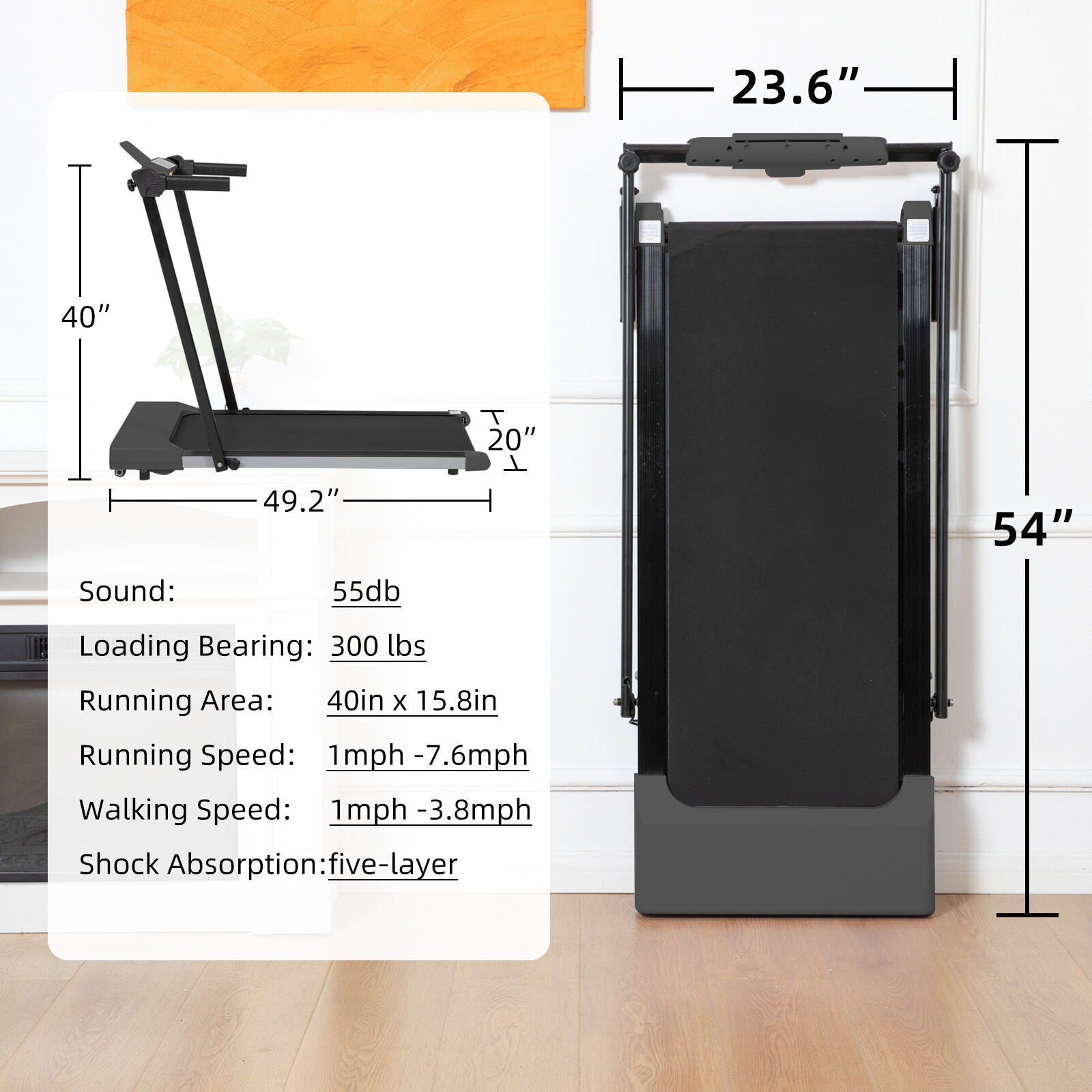 Black Iron Treadmill for Home, 49.2""L x 23.6""W x 42.9""H, 50.1lbs, LED Screen Treadmill with 7.5mph Speed, Walking & Running Machine with Built-in Wheels for Easy Storage