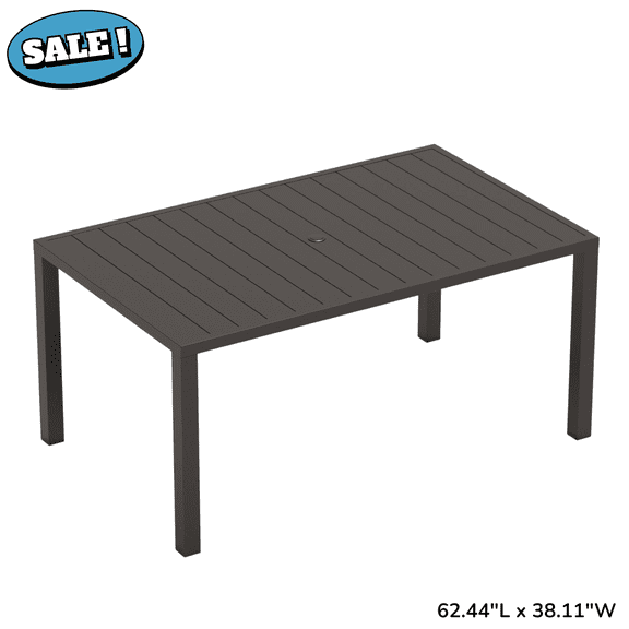 GZXS 62.44-Inch Metal Patio Table with Umbrella Hole, Outdoor Slatted Dining Table for 4-6 People, Rust-Proof & Weather-Resistant (Dark Brown)