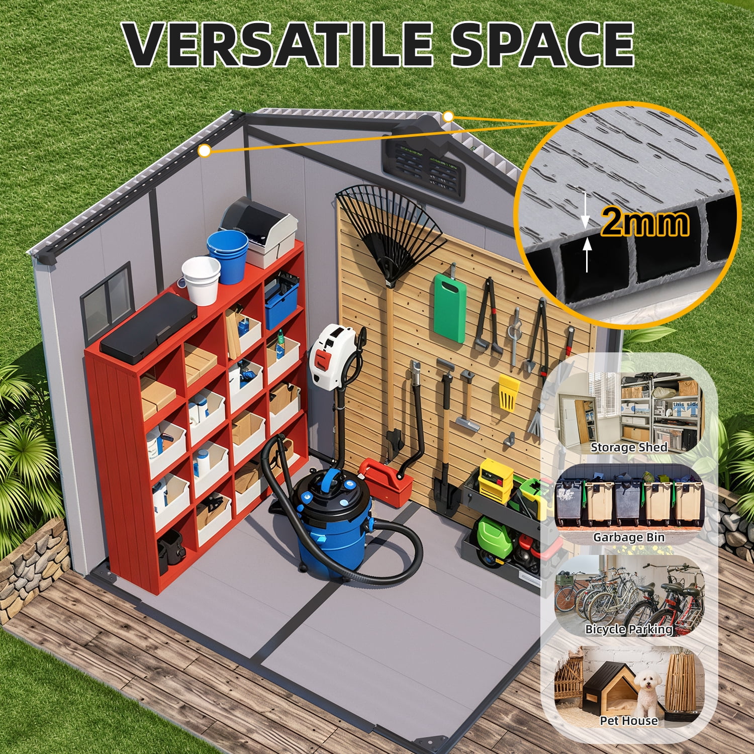MELLCOM 6 x 4 FT Resin Outdoor Storage Shed with Floor, Outdoor Storage Tool Shed with Windows and Lockable Door, Resin Garden Shed for Bike, Garbage Can, Lawnmower
