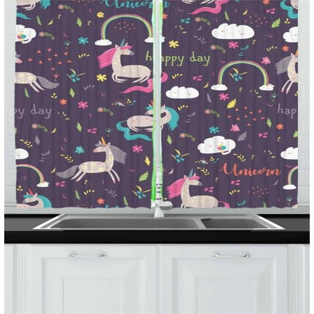 Dream Home Great Room Kids Girls Curtains 2 Panels Set, Pastel Rainbow with Unicorns Dream Characters Fairy Tale Princess Illustration, Window Drapes for Living Room Bedroom, 55W X 39L Inches, Multicolor, by Ambesonne ()