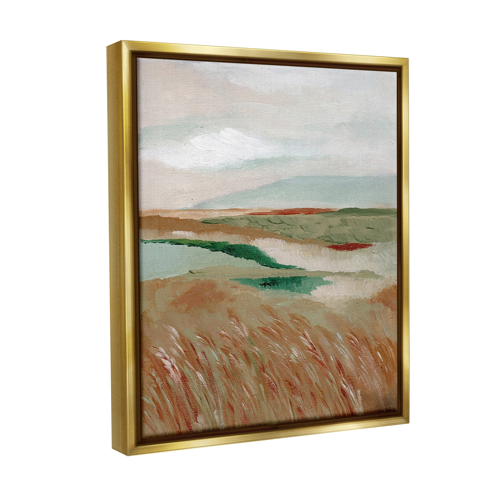 Stupell Industries Abstract Pasture with River Landscape Painting Gold Floater Framed Canvas Art Print Wall Art, 25 x 31