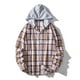 thumbnail image 1 of Blusa informal de manga larga con capucha para hombre, con cuello vuelto, manga larga, cierre de botones, estampado a cuadros, con capucha, 1 of 9