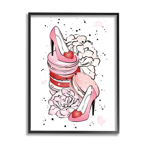 Pink Glam Heart Heels Macarons Beauty & Fashion Graphic Art Black Framed Art Print Wall Art