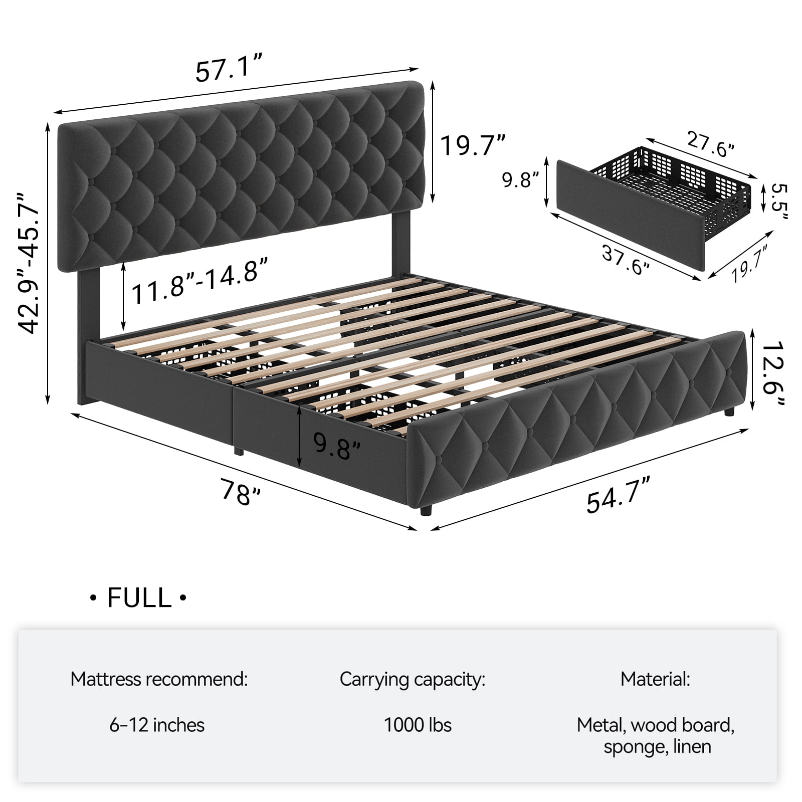 Shininglove Full Size Bed Frame with Storage - Linen Upholstered Platform Bed, 4 Spacious Drawers, Diamond Tufted Headboard, No Box Spring Needed(Grey)
