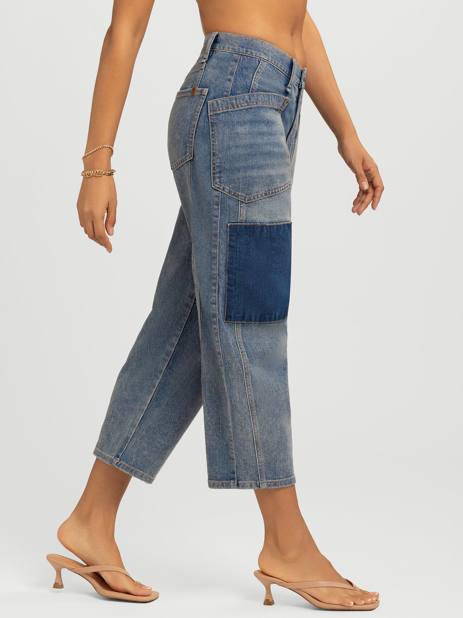 Jessica Simpson Women's and Women's Plus Cherry Cropped Patchwork Barrel Jeans, 26" Inseam, Sizes 2-24W
