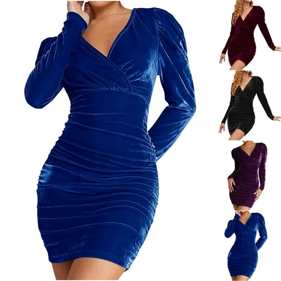YHAJDS Women's Fall Winter Casual dress,Women's Fall Dresses Solid Color Long Sleeve V Neck Ruched Slim Midi Dress Women's Dresses