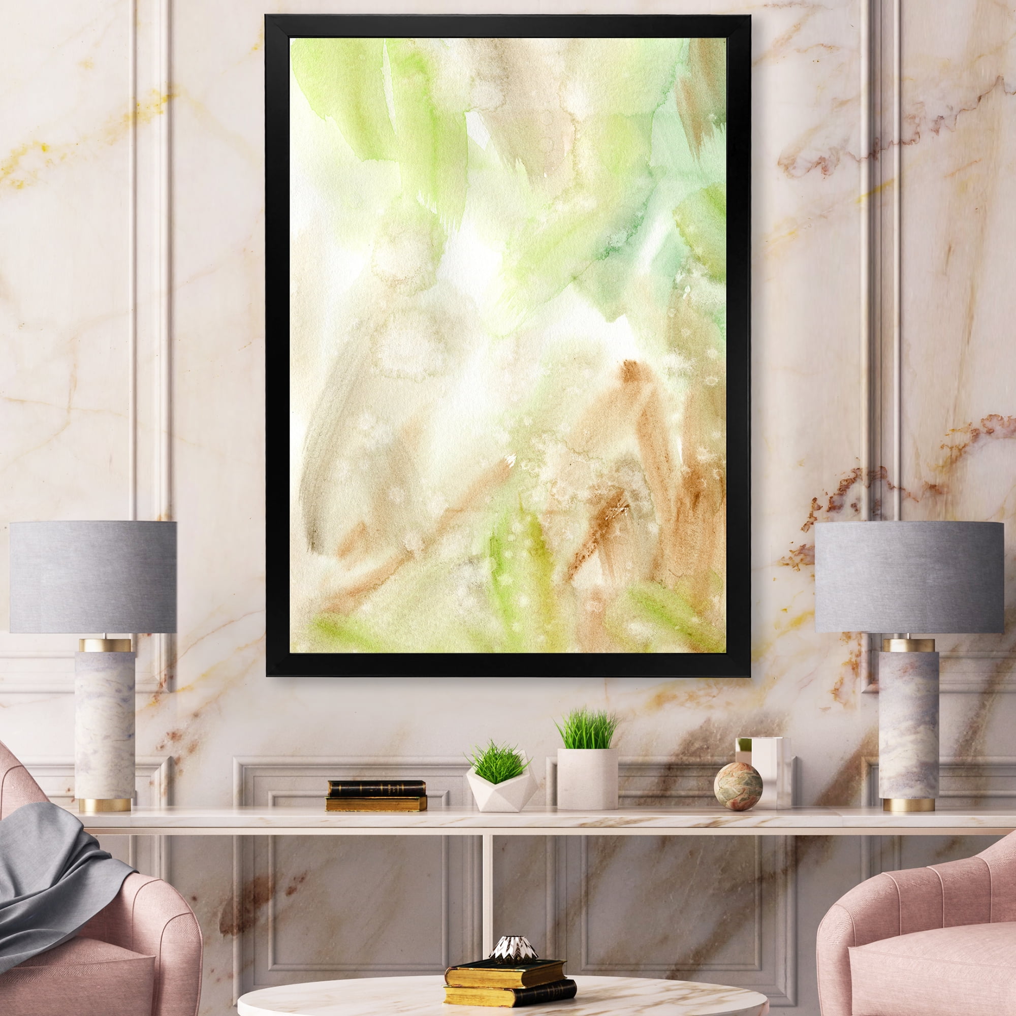 Designart 'Pastel Abstract With Brown Green and Beige Spots' Modern Framed Art Print