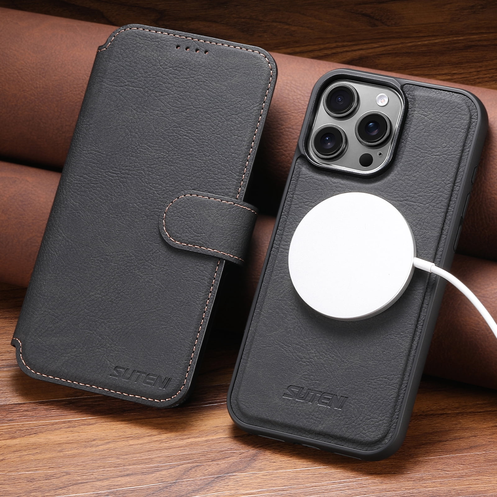 For iPhone 15 Pro Max Wallet Phone Case,Magnetic Detachable PU Leather Flip Design,Compatible with Mag-Safe,With Card Slots,Kickstand,Magnetic Closure Shockproof Anti-Fall Rugged Phone Case,Black