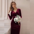 thumbnail image 4 of IBTOM CASTLE Women‘s Velvet Dress Long Sleeve V Neck Ruched Bodycon Wrap Dress Evening Party Wedding Guest Formal Long Dresses M Wine Red, 4 of 5