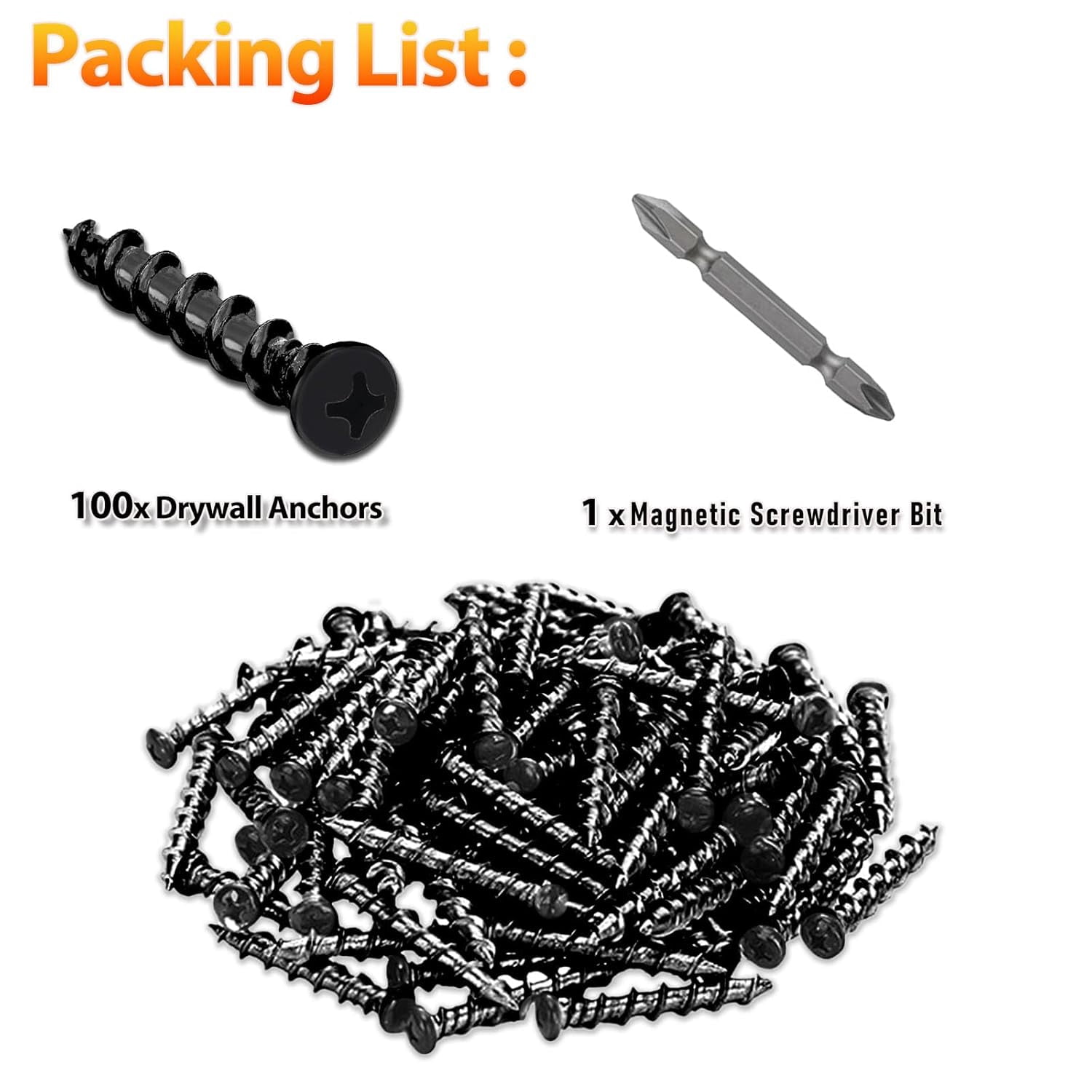 Drywall Anchors with Screwdriver Bit Included, 1/4 x 1-1/2 Inch Black Coated Pan Head Alloy Steel, 100-Pack Heavy Duty Wall Anchors for Drywall, Wood & Masonry Materials