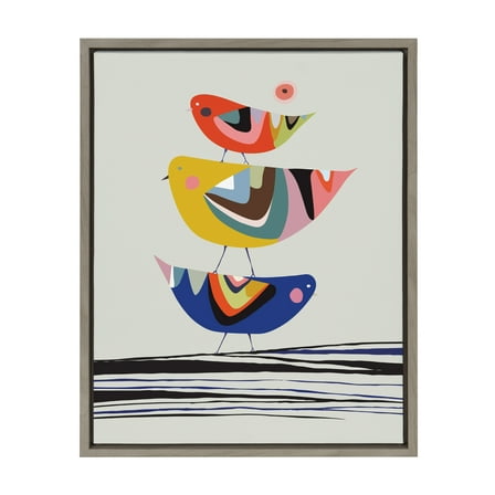 Kate and Laurel Sylvie The Family Tree Framed Canvas Wall Art by Rachel Lee, 18x24 Gray, Adorable Bird Art for Wall